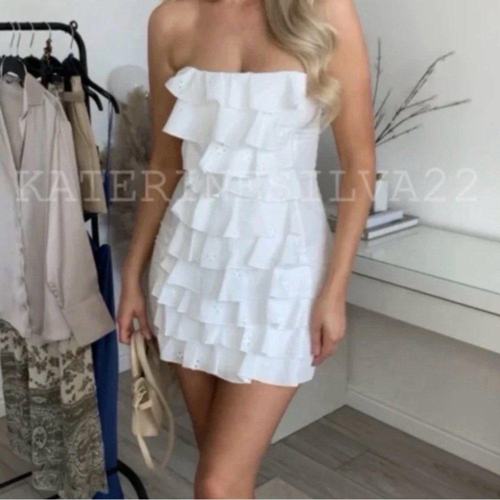 NEW Zara White Ruffle Mini Dress Cotton Strapless S Lace Coquette  Wedding After
